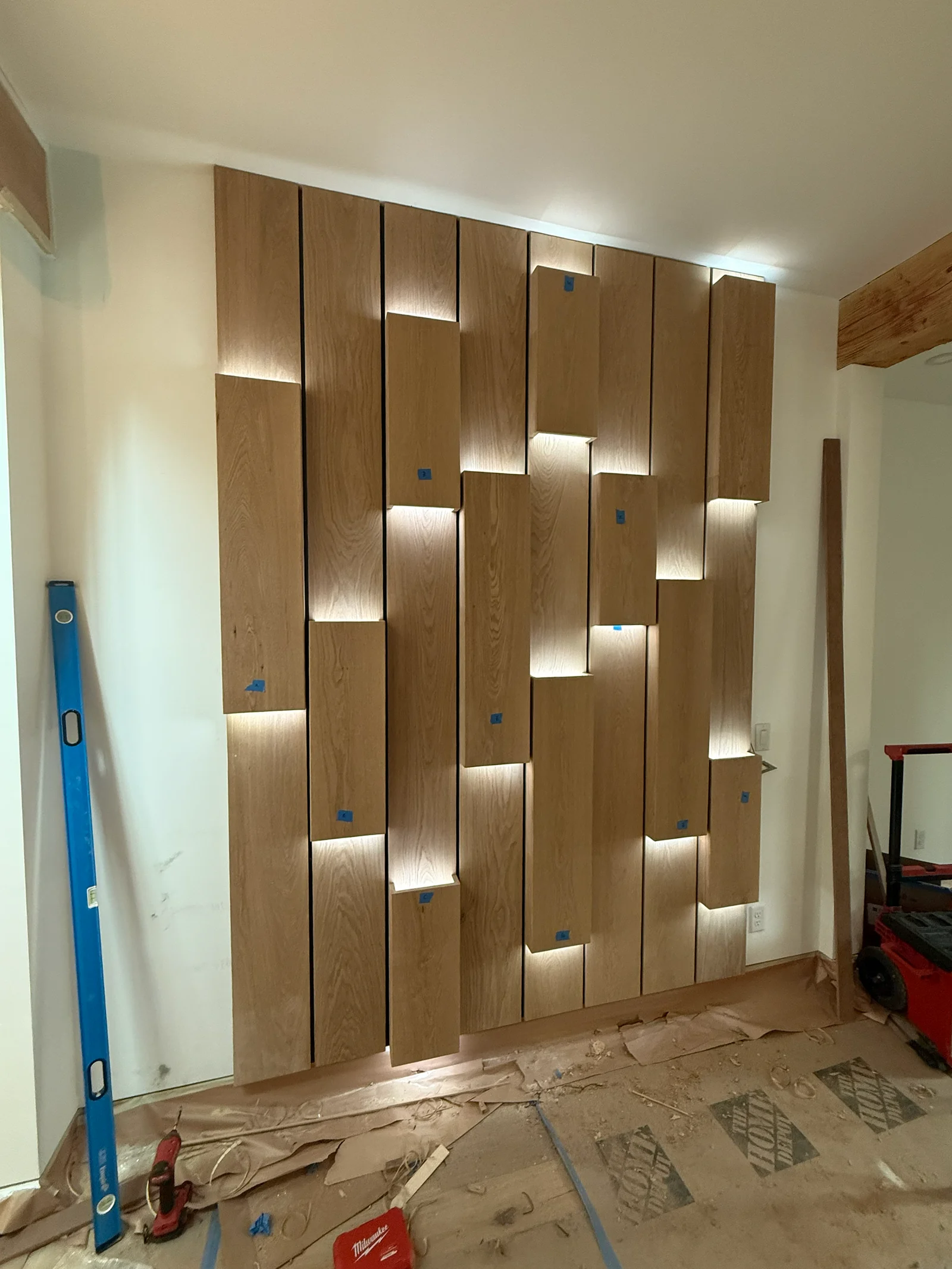 Detailed statement wood wall with layered slat pattern