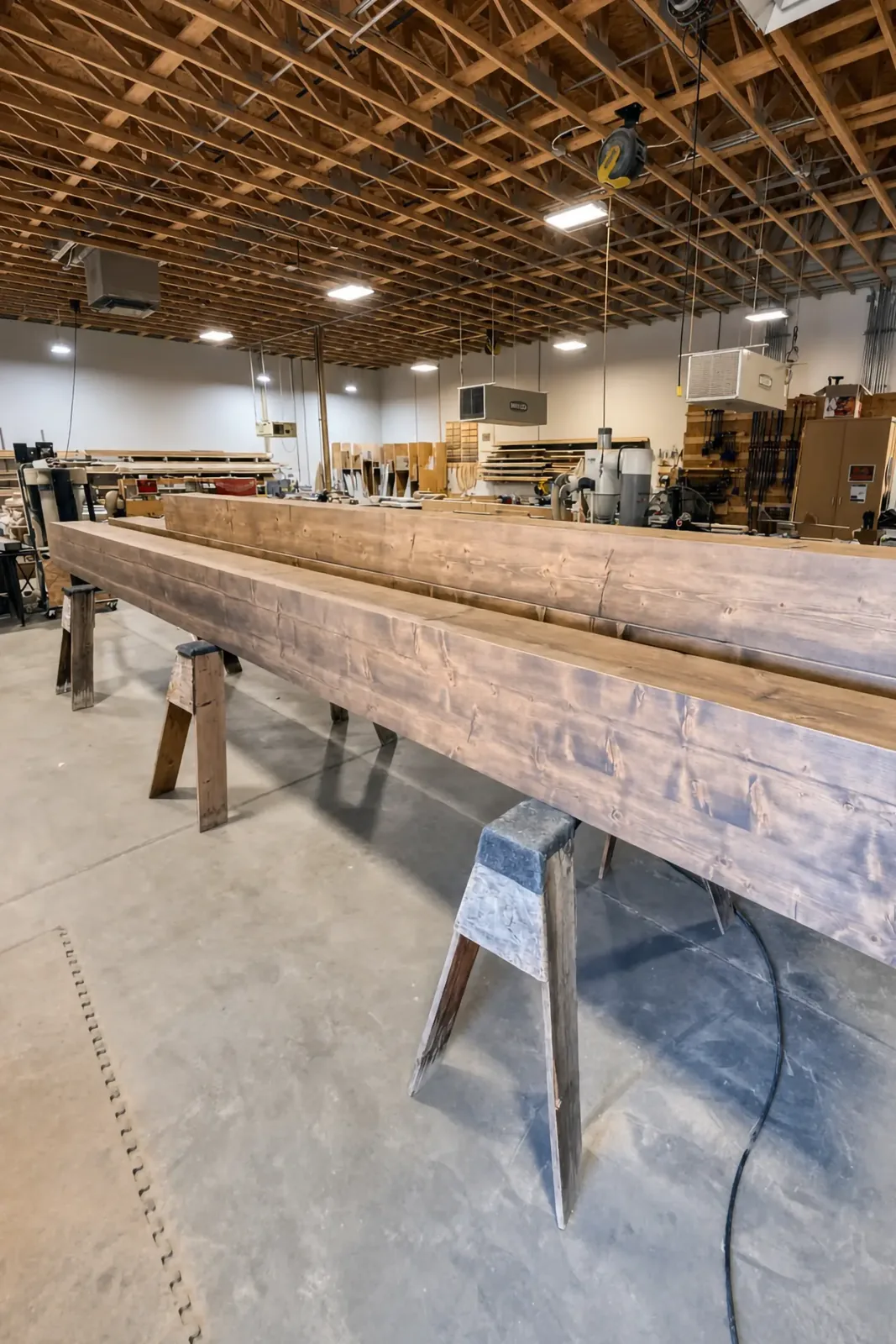 Long stained wood beams resting on sawhorses in a millwork shop with saws and clamps in the background