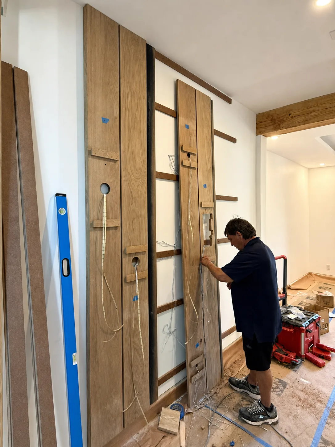 Carpenter fitting vertical wall panels over furring strips with wiring run behind the panels